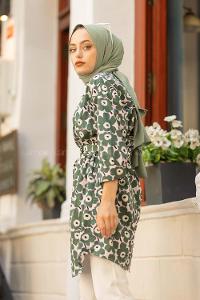 Modalamelif Önü Düğmeli Papatya Desen Tunik Yeşil