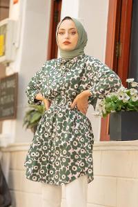 Modalamelif Önü Düğmeli Papatya Desen Tunik Yeşil