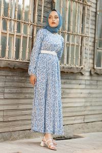 oyut Desen Kemerli Elbise Açık Mavi