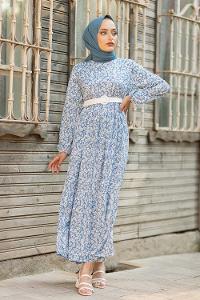 oyut Desen Kemerli Elbise Açık Mavi