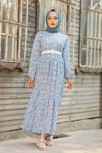 oyut Desen Kemerli Elbise Açık Mavi