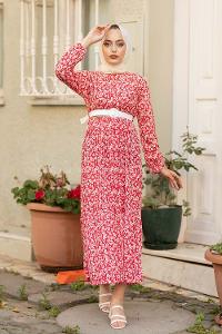 Modalamelif Soyut Desen Kemerli Elbise Kırmızı