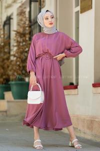 Modalamelif Yarasa Kol Kemerli Elbise Mürdüm