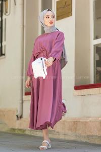 Modalamelif Yarasa Kol Kemerli Elbise Mürdüm