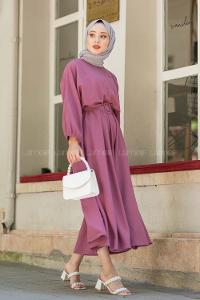 Modalamelif Yarasa Kol Kemerli Elbise Mürdüm