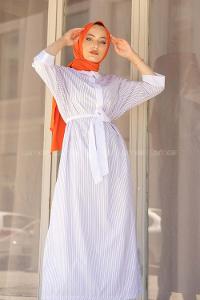 Modalamelif Düşük Kol Çizgili Elbise Gri