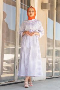 Modalamelif Düşük Kol Çizgili Elbise Gri