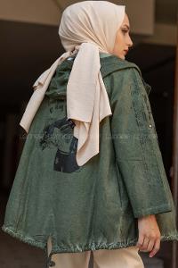 Modalamelif Önü Fermuarlı Kapşonlu Trenç Koyu Yeşil