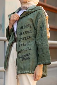 Modalamelif Önü Fermuarlı Kapşonlu Trenç Koyu Yeşil