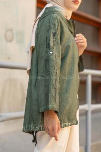 Modalamelif Önü Fermuarlı Kapşonlu Trenç Koyu Yeşil