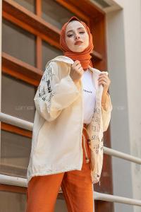 Modalamelif Önü Fermuarlı Kapşonlu Trenç Taş