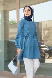 Modalamelif Önü Tül Fırfırlı Tunik İndigo