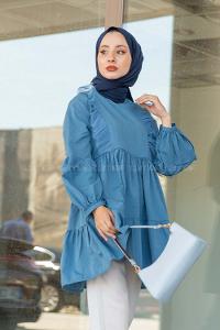 Modalamelif Önü Tül Fırfırlı Tunik İndigo