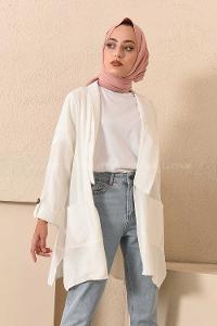 Modalamelif Kol Katlı Çift Cepli Ceket Beyaz