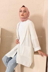 Modalamelif Kol Katlı Çift Cepli Ceket Beyaz