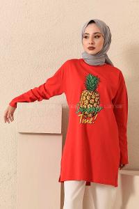 Modalamelif Ananas Baskılı Tunik Kırmızı