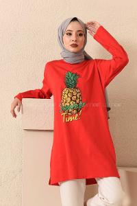 Modalamelif Ananas Baskılı Tunik Kırmızı