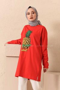 Modalamelif Ananas Baskılı Tunik Kırmızı