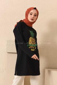 Modalamelif Ananas Baskılı Tunik Siyah