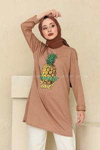 Modalamelif Ananas Baskılı Tunik Sütlü Kahve