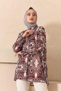 Modalamelif  Etnik Desen Gömlek Acı Kahve