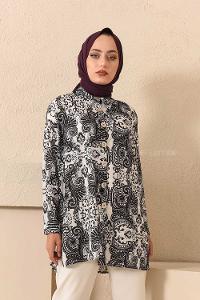 Modalamelif  Etnik Desen Gömlek Siyah Ekru