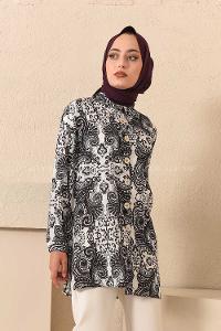 Modalamelif  Etnik Desen Gömlek Siyah Ekru