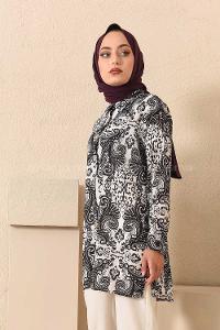 Modalamelif  Etnik Desen Gömlek Siyah Ekru
