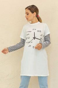 Modalamelif Bisiklet Yaka Baskılı T-Shirt Beyaz