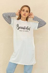 Modalamelif Bisiklet Yaka Beatıful  Baskılı T-Shirt Beyaz