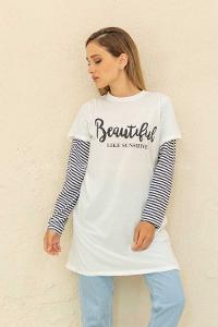 Modalamelif Bisiklet Yaka Beatıful  Baskılı T-Shirt Beyaz