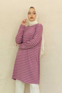 Modalamelif Bisiklet Yaka Çizgili Tunik Mor