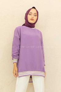 Modalamelif Bisiklet Yaka Şerit Detaylı Tunik Açık Mor