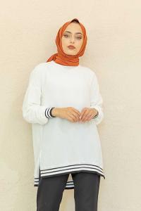 Modalamelif Bisiklet Yaka Şerit Detaylı Tunik Beyaz