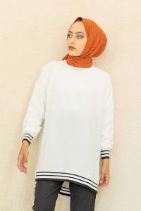 Modalamelif Bisiklet Yaka Şerit Detaylı Tunik Beyaz