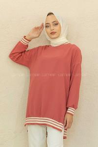 Modalamelif Bisiklet Yaka Şerit Detaylı Tunik Gül