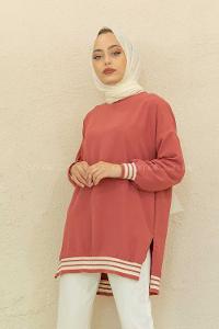 Modalamelif Bisiklet Yaka Şerit Detaylı Tunik Gül