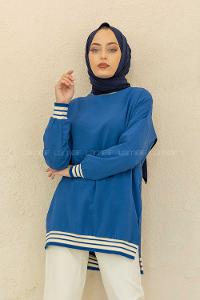 Modalamelif Bisiklet Yaka Şerit Detaylı Tunik İndigo