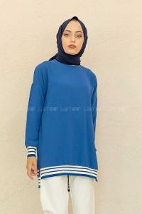 Modalamelif Bisiklet Yaka Şerit Detaylı Tunik İndigo