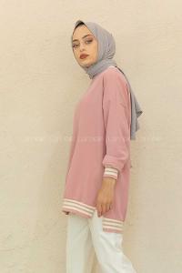 Modalamelif Bisiklet Yaka Şerit Detaylı Tunik Pudra