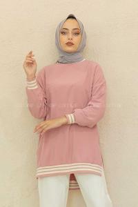 Modalamelif Bisiklet Yaka Şerit Detaylı Tunik Pudra