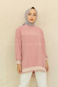 Modalamelif Bisiklet Yaka Şerit Detaylı Tunik Pudra