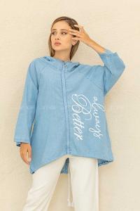 Modalamelif Fermuarlı Yazı Baskılı Trenç Açık Mavi