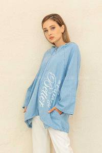 Modalamelif Fermuarlı Yazı Baskılı Trenç Açık Mavi