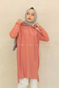 Modalamelif Kapşonlu Düz Renk Kaşkorse Tunik Pudra