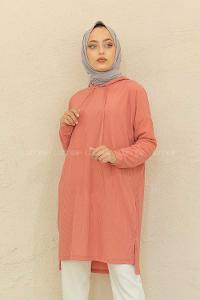 Modalamelif Kapşonlu Düz Renk Kaşkorse Tunik Pudra