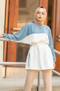 Modalamelif Kol Lastikli Garnili Tunik İndigo