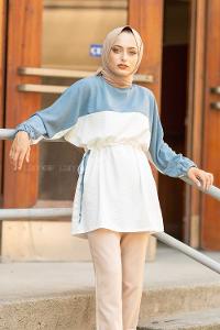 Modalamelif Kol Lastikli Garnili Tunik İndigo