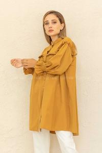 Modalamelif Kol Lastikli Önü Pileli Tunik Camel