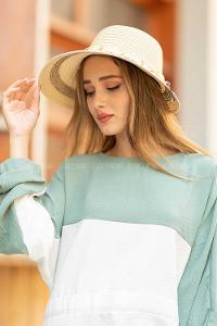 Modalamelif Lora Fularlı Hasır  Şapka Krem